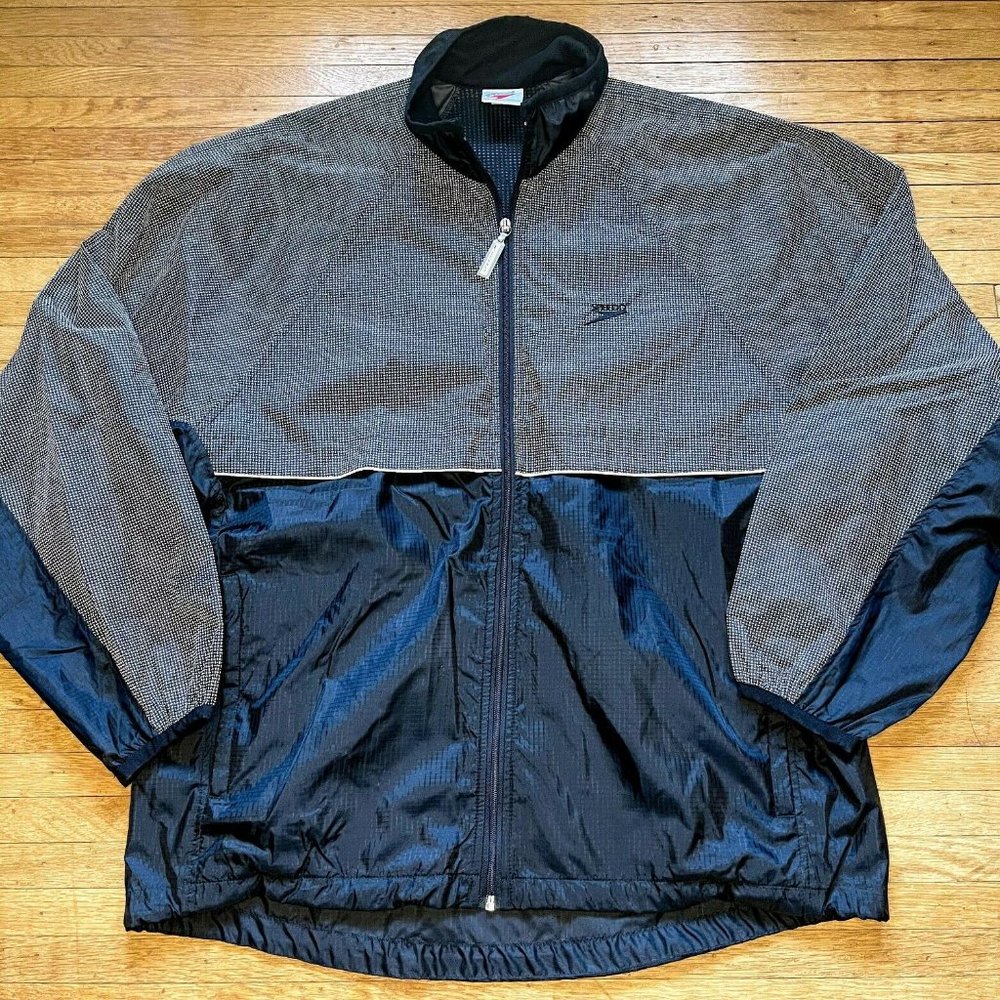 VTG Men's SPEEDO Black Gray Reflective Full-Zip Windbreaker Jacket Sz M / L